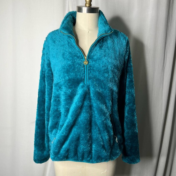 Lilly Pulitzer Sweaters - Lily Pulitzer Skipper Sherpa Teal Quarter Zip Popover with Gold Zips